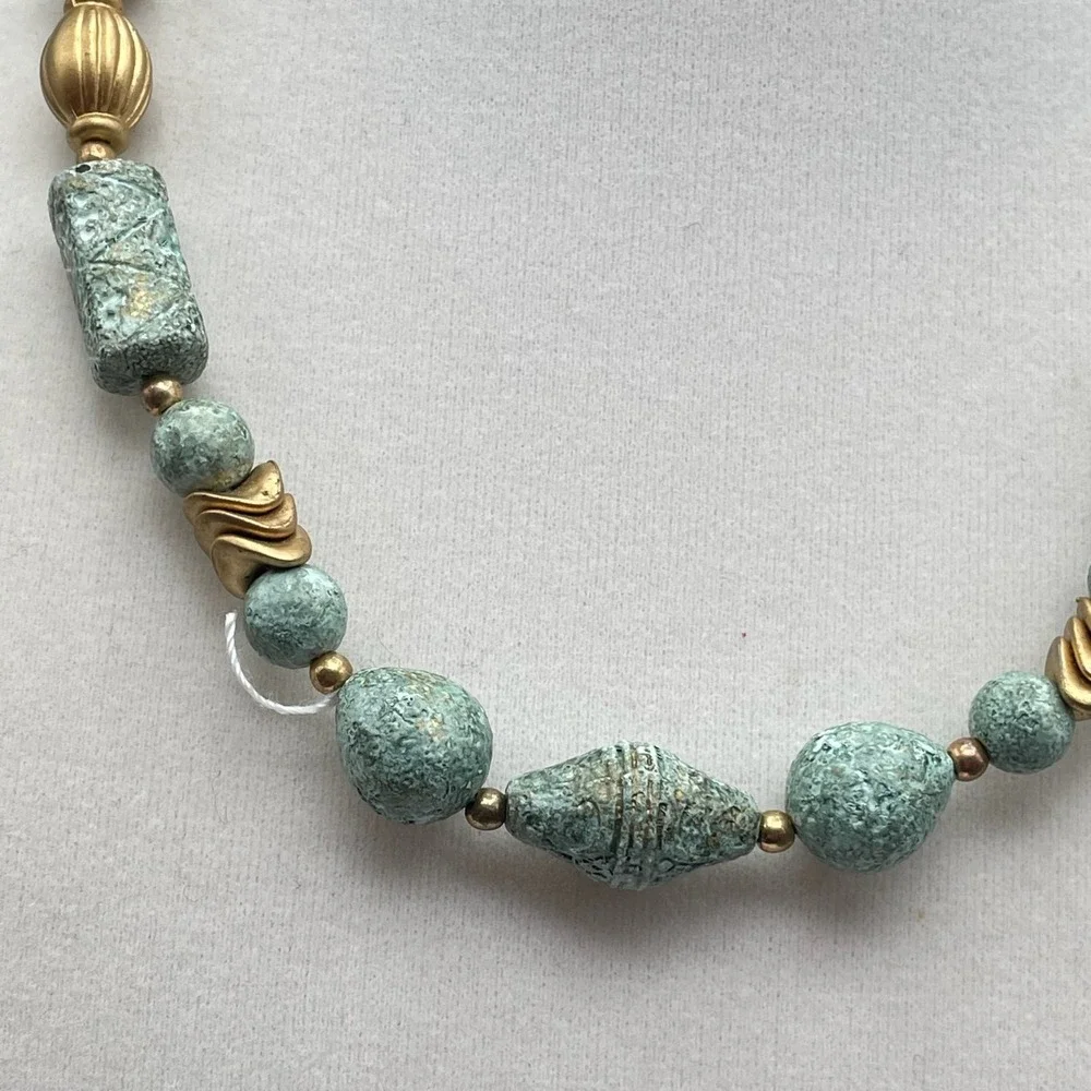 Vintage Turquoise Blue Textured Bead & Gold‎ Tone Necklace Boho Statement